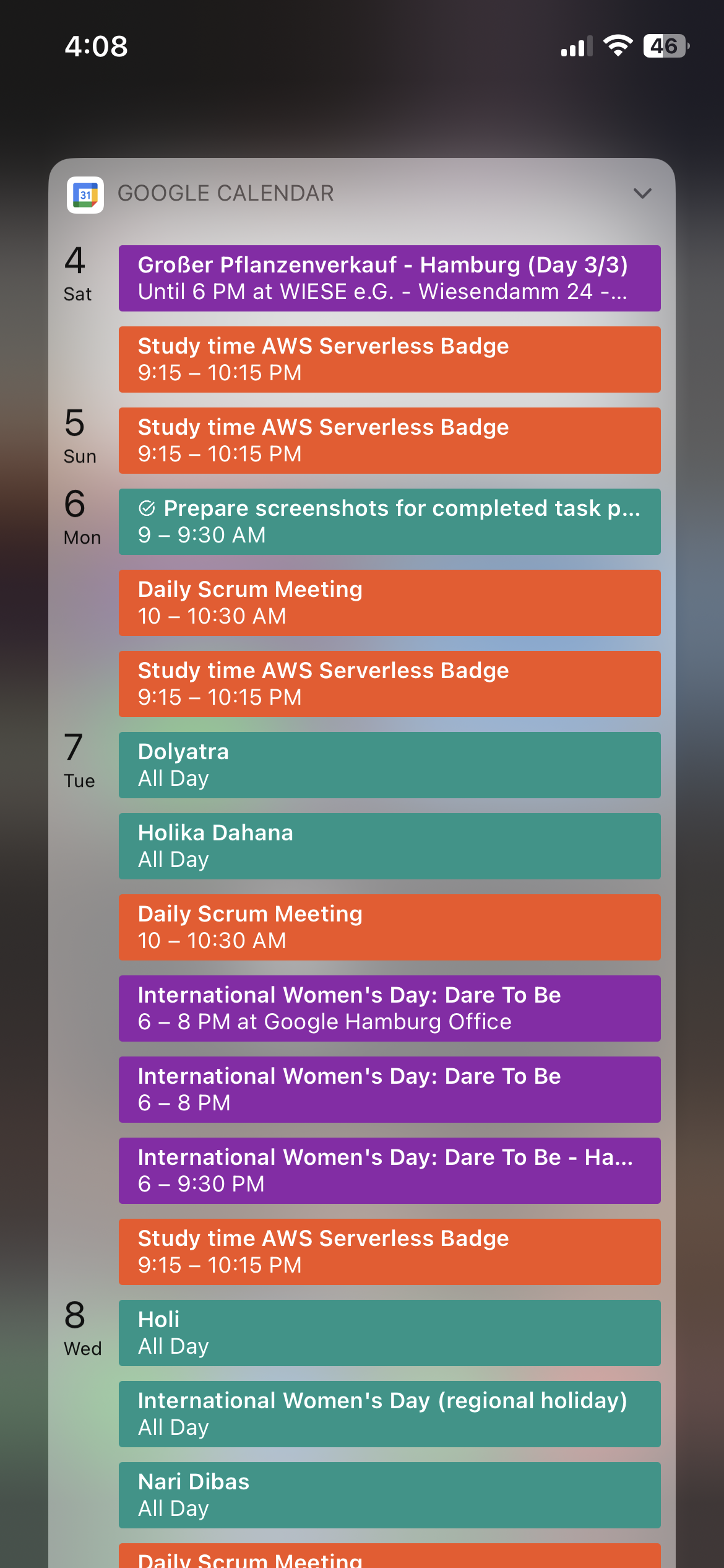 Google Calendar app screenshot on iOS
