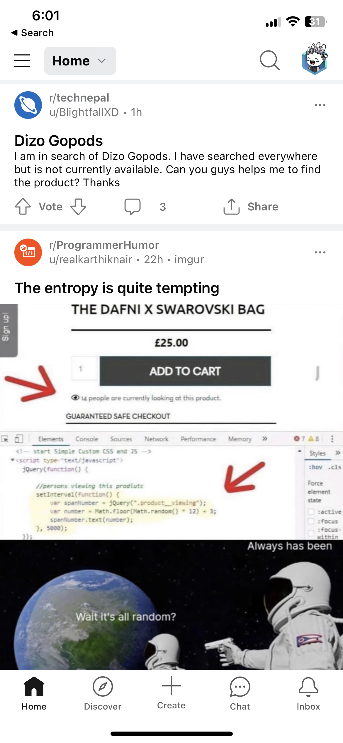 Reddit feed on mobile